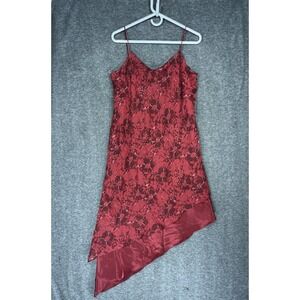 Vintage Positive Attitude Midi Dress Size 12 Red Floral Asymmetrical Whimsigoth